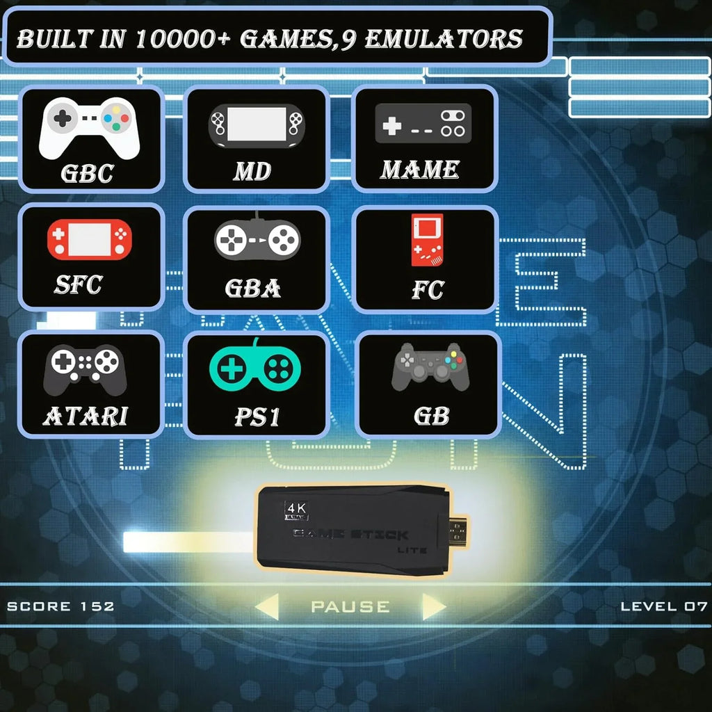 Wireless Retro Game Console,Built in 10000+ Classic Games,9 Emulators,Plug and Play Video Game Stick 4K High Definition HD Output for TV with Dual 2.4G Wireless Controllers