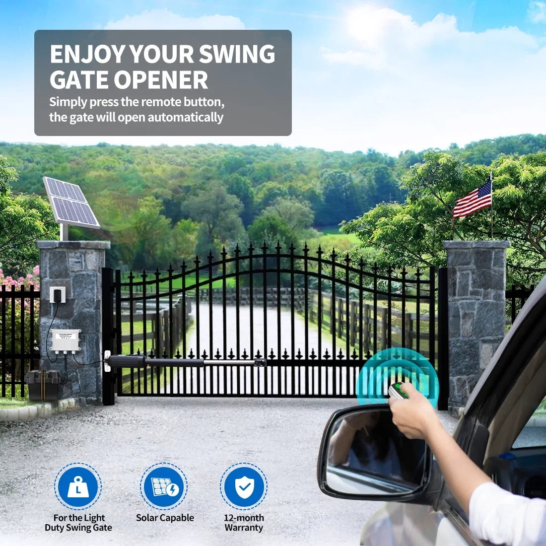 TOPENS A5S Automatic Gate Opener for Medium Duty Single Swing Gates Up to 16ft, Single Swing Gate Operator Battery Powered with Remote Control Kit Gate Motor Solar Matching