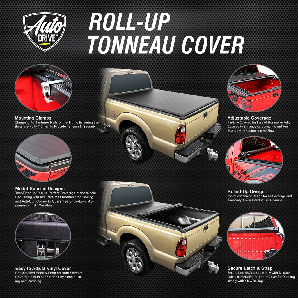 Auto Drive Soft Roll up Truck Bed Tonneau Wrap Fits 94-10 Dodge Ram 1500 2500 3500 / 11-18 Ram 1500 2500 3500 8Ft Bed
