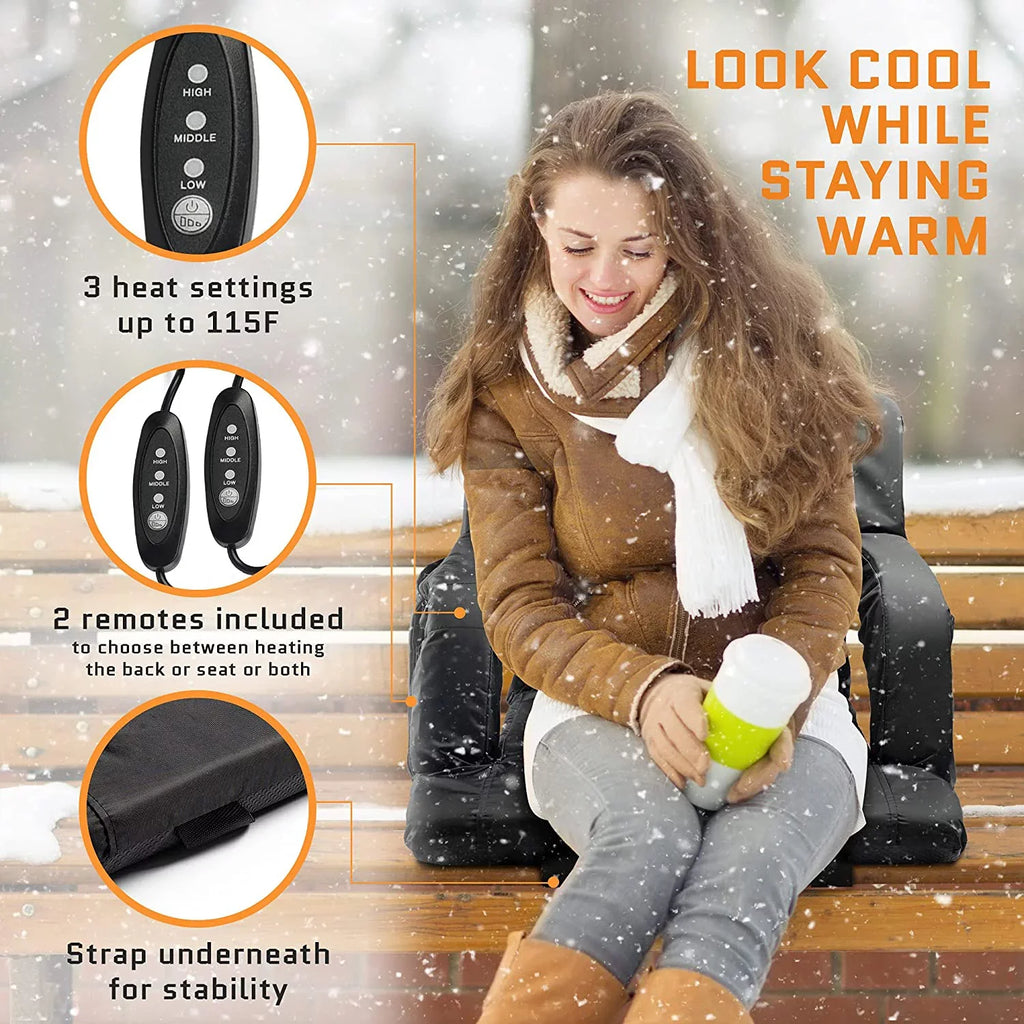 ACELETIQS Wide Double Heated Stadium Seats for Bleachers with Back Support – USB Battery Included - Upgraded 3 Levels of Heat - Foldable Chair - Cushioned, 4 Pockets, Cup Holder - Camping, Games