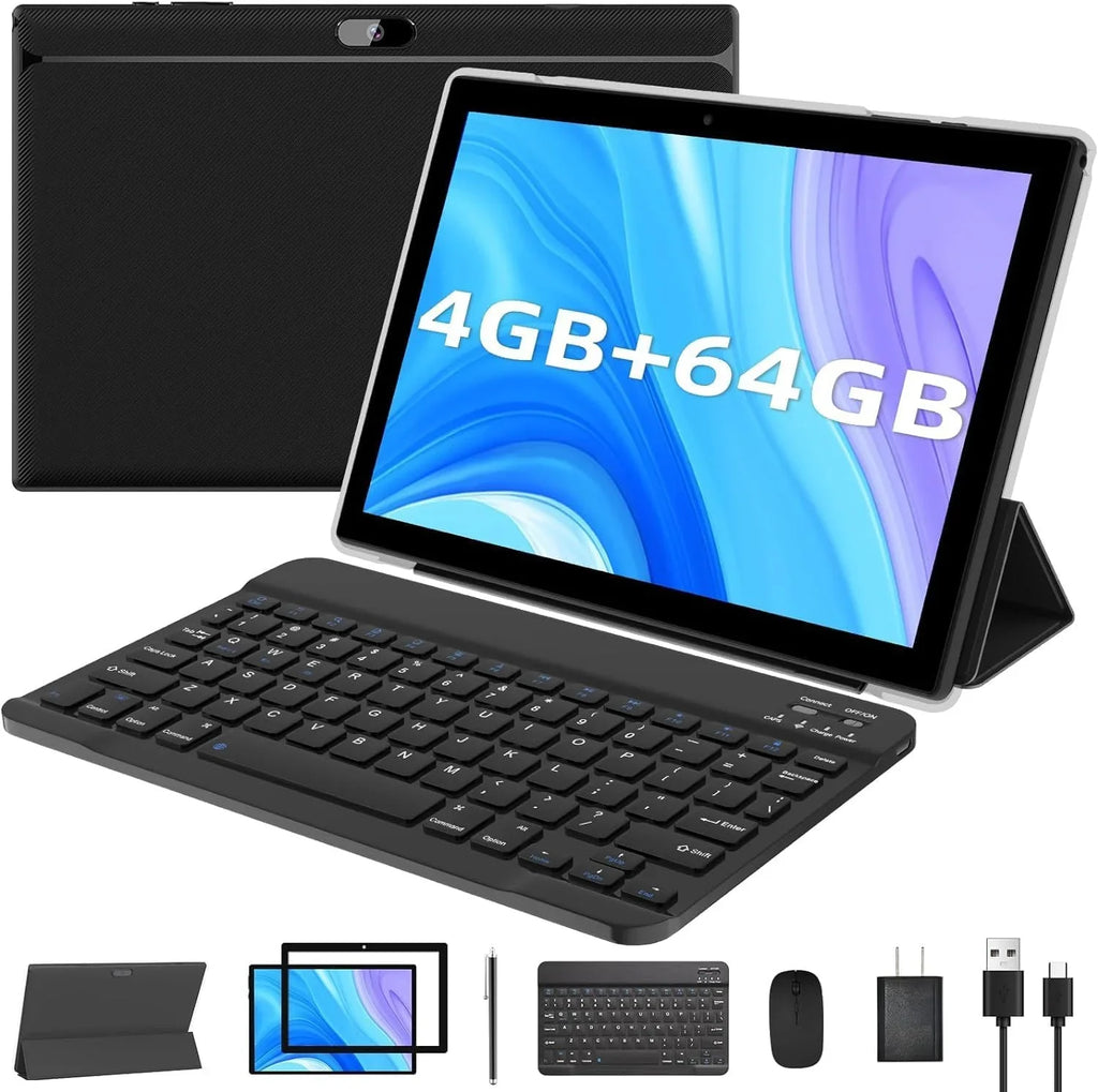 10.1 Inch Android 11 Tablet, Newest 2 in 1 Tablets, 4GB RAM+64GB ROM Quad-Core Processor, 1280*800 FHD Tableta with Keyboard/Mouse/Case/Stylus/Tempered Film, 8MP Dual Camera 6000mAh Battery 10" Tab PC