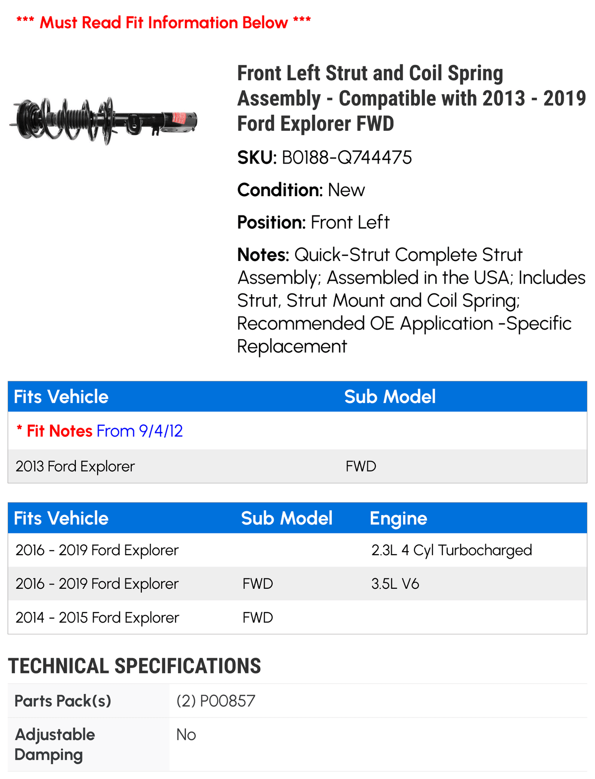 Front Left Strut and Coil Spring Assembly - Suitable with 2013 - 2019 Ford Explorer FWD 2014 2015 2016 2017 2018