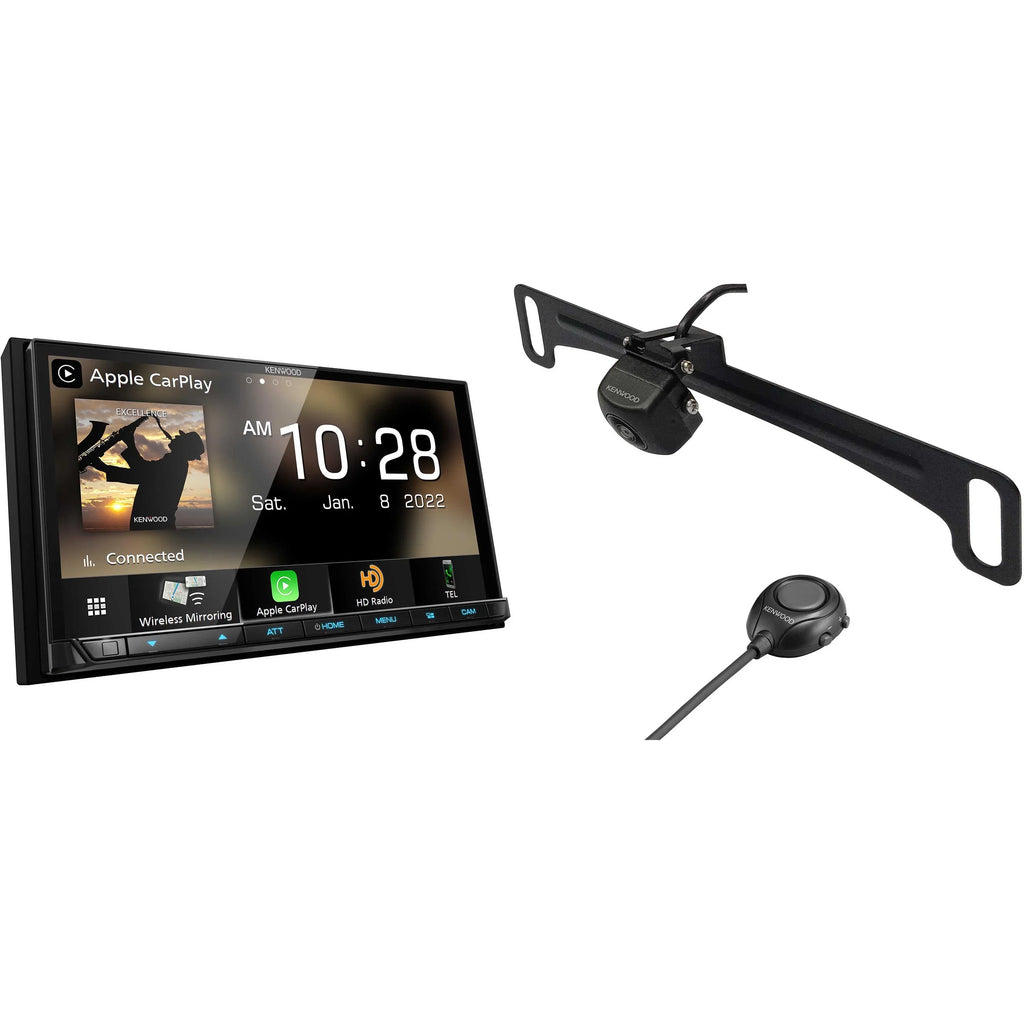 Kenwood DMX908S MultiMedia Receiver with CMOS-320LP Multi-Angle Rear View Camera with License Plate Mounting