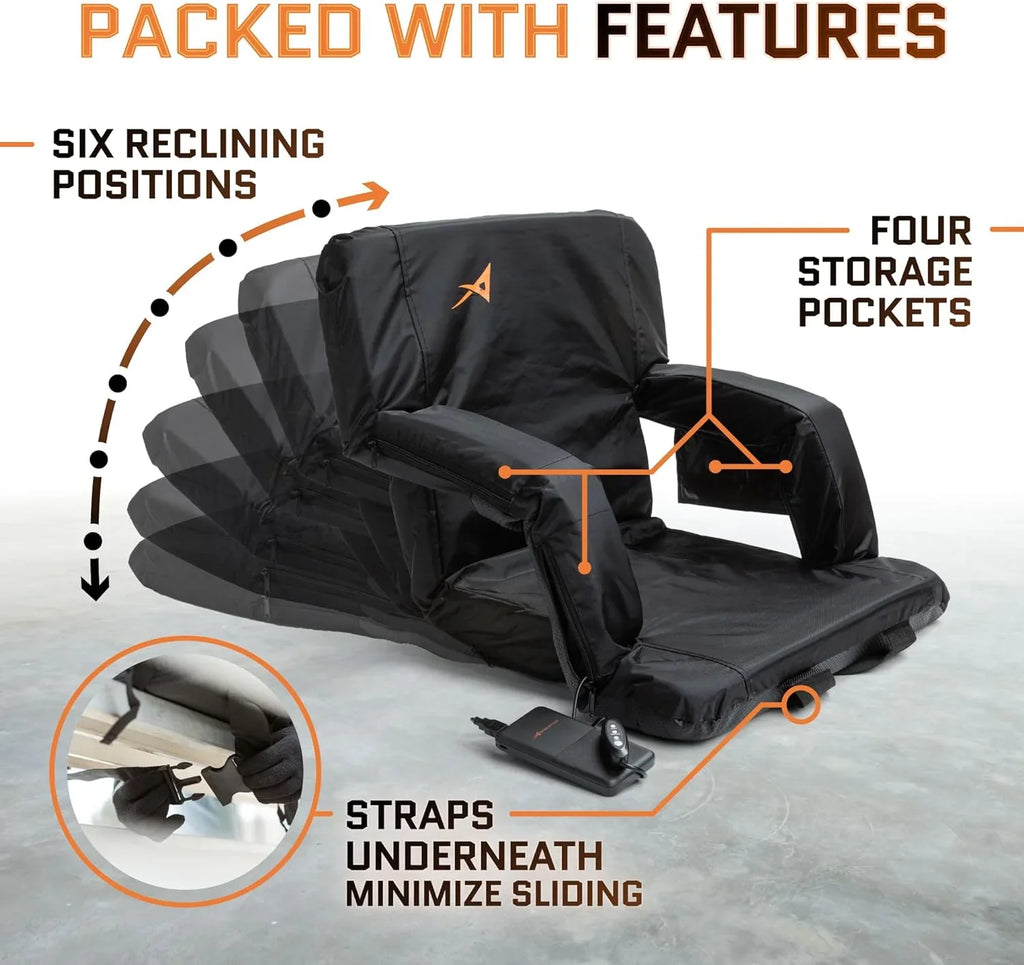 ACELETIQS Wide Double Heated Stadium Seats for Bleachers with Back Support – USB Battery Included - Upgraded 3 Levels of Heat - Foldable Chair - Cushioned, 4 Pockets, Cup Holder - Camping, Games