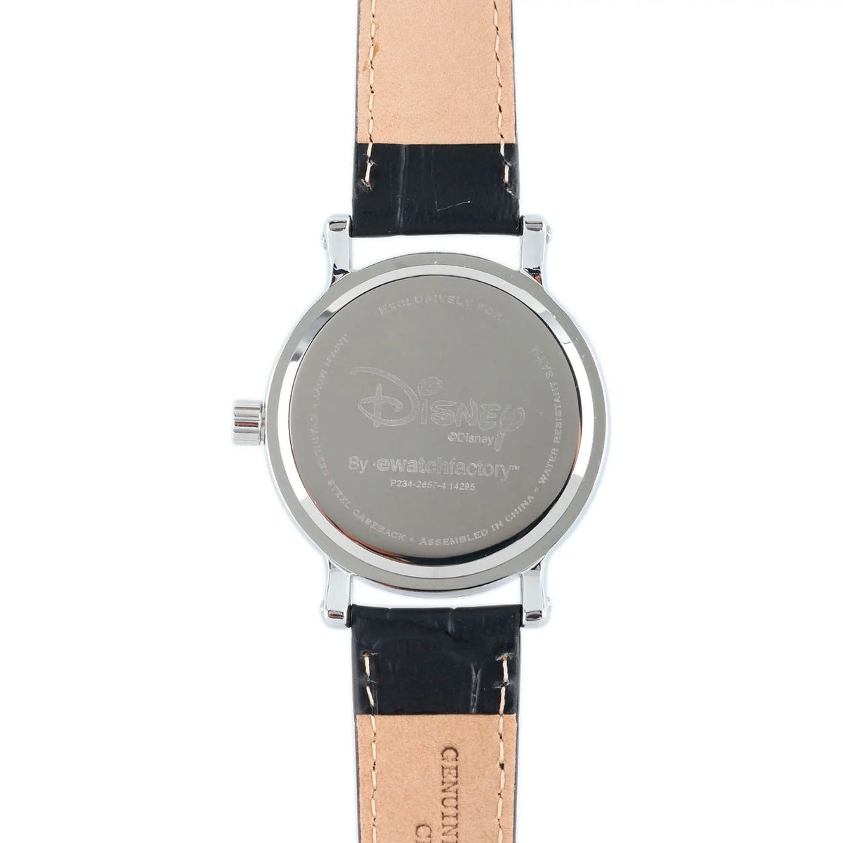 Minnie Mouse Women's Shinny Silver Vintage Articulating Alloy Case Watch, Black Leather Strap