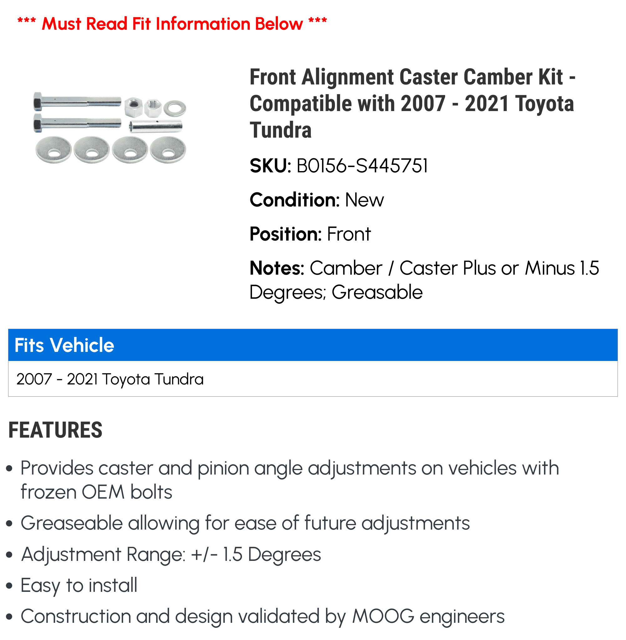 Front Alignment Caster Camber Kit - Fitting with 2007 - 2021 Toyota Tundra 2008 2009 2010 2011 2012 2013 2014 2015 2016 2017 2018 2019 2020 2022