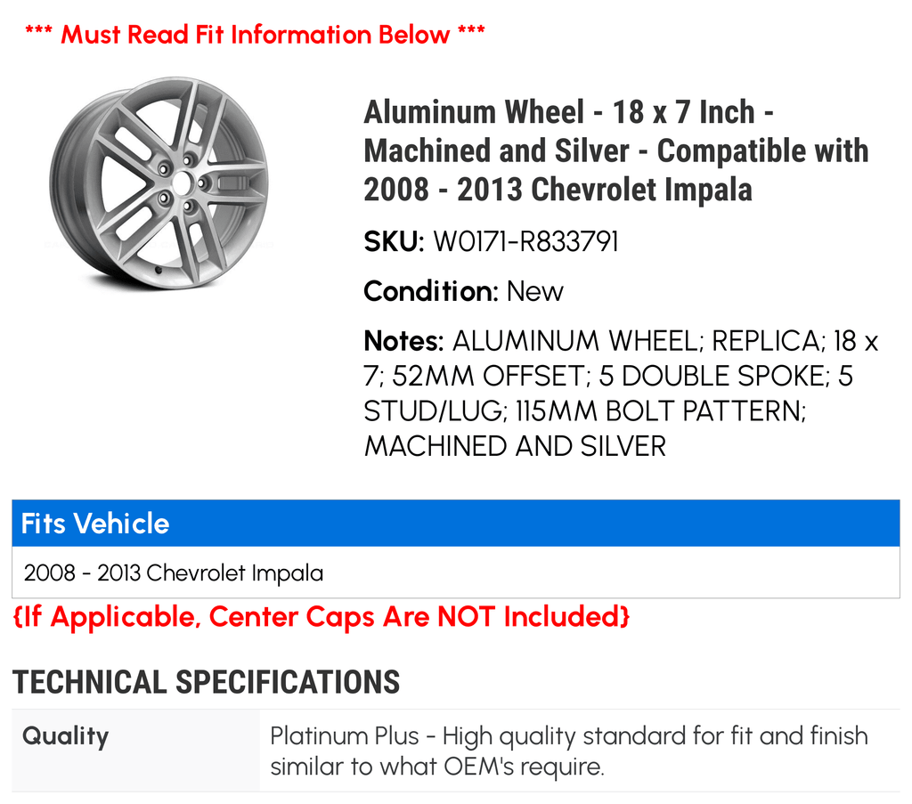 Aluminum Wheel - 18 x 7 Inch - Machined and Silver - Fitting with 2008 - 2013 Chevy Impala 2009 2010 2011 2012