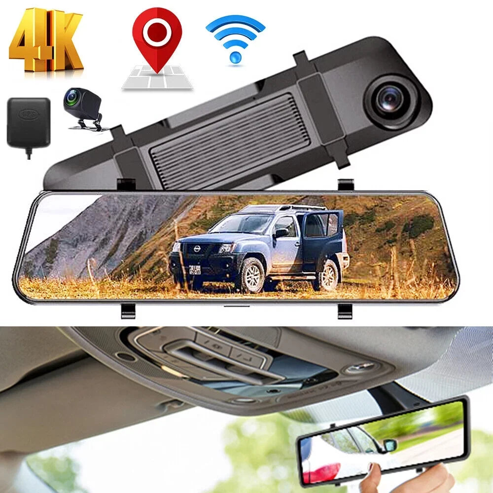 G·PEH US 4K WiFi Mirror GPS Dash Cam 12" Voice Control Car RearView Backup Dual