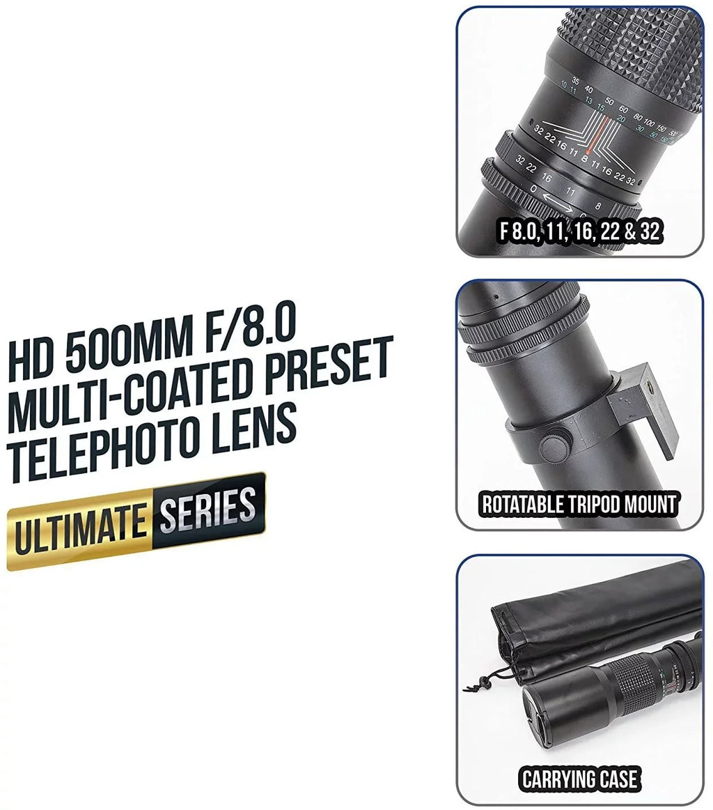 Ultimaxx 500mm f/8 Multi-Coated Preset Telephoto Lens Includes T-Mount Adapter for Canon EF Mount & Microfiber Cleaning Cloth - Suitable with SLR/DSLR Cameras