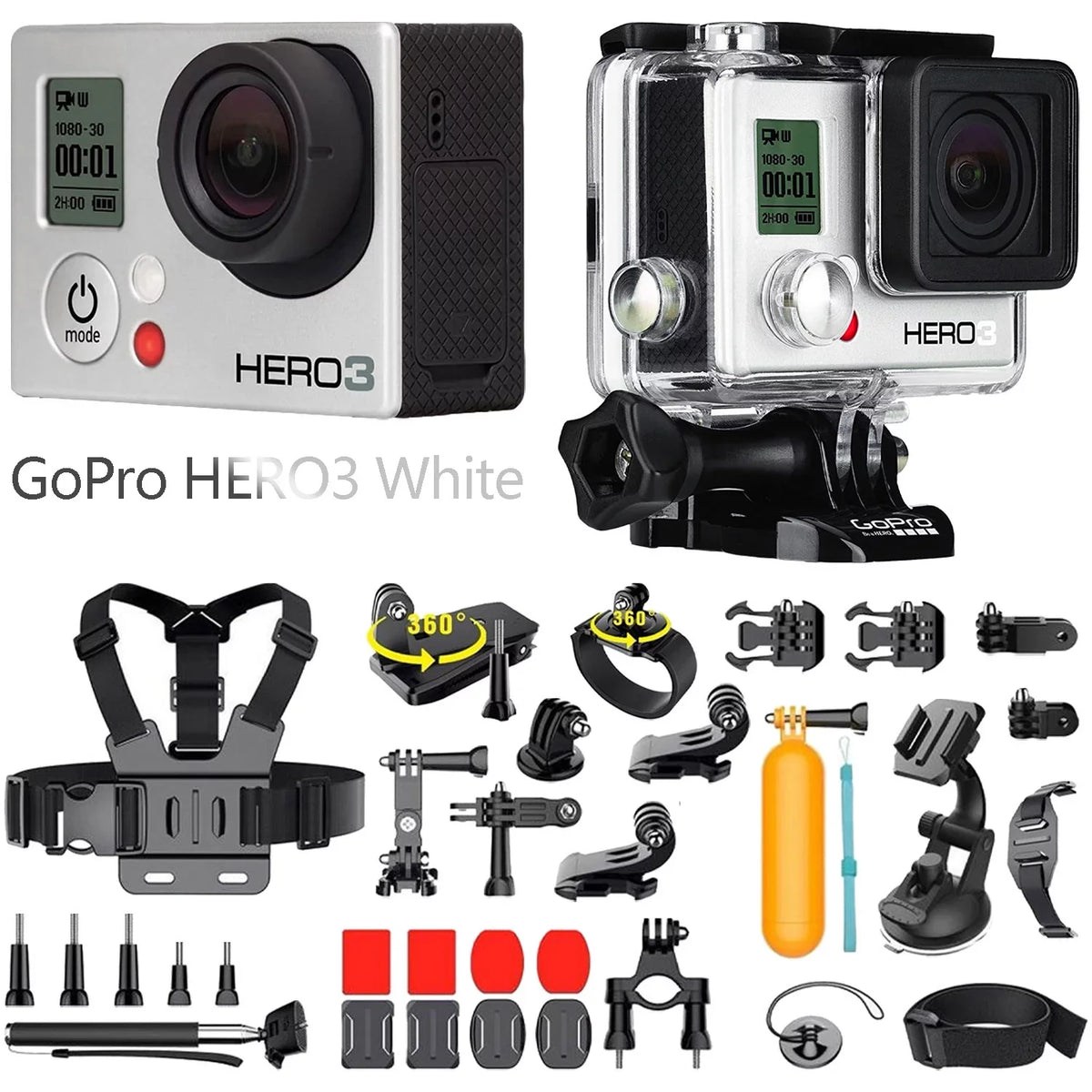 Restored GoPro HERO3 White Edition action camera 1080p 5.0 MP WiFi underwater up to 131.2 ft Camcorder + 35in1 Kits (Refurbished)