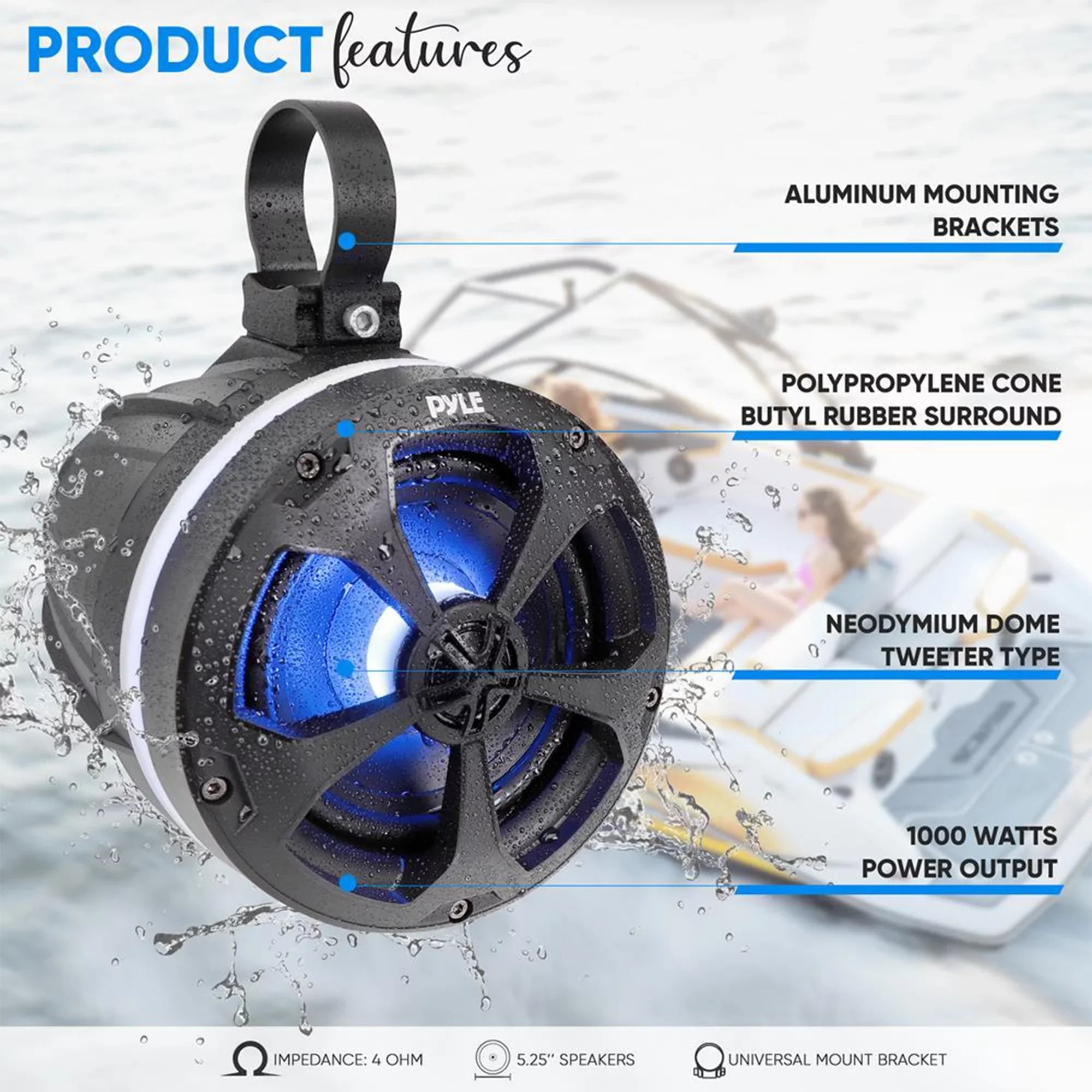 Pyle 5.25 In 1,000 Watt 2 Channel Waterproof Off Road Watercraft and ATV Speakers