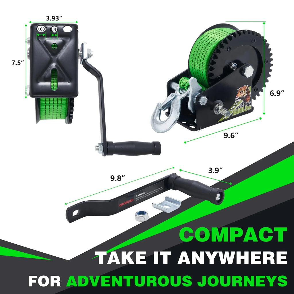 OPENROAD 1600LB Ship Trailer Winch - Heavy Duty Hand Winch with 26FT Green Strap, 2-Way Ratchet & 4:1 Gear - Perfect for Vessel Truck, Trailer, RV, ATV and Jet Ski - Includes Installation Screws