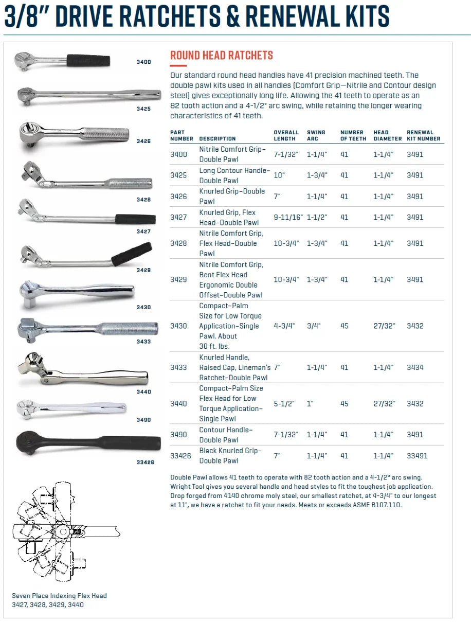 WRIGHT TOOL 3400 RATCHET 7" SERIES 400 NITRILE GRIP 3/8" D