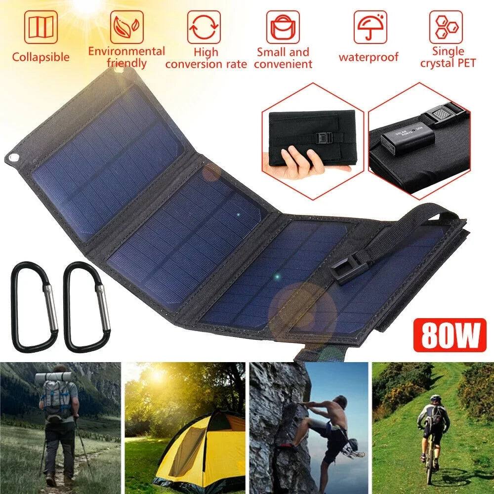 80W Solar Charger Solar Panel Portable Solar Phone Charger Waterproof Power Bank for Phone Fishing Hiking Camping Emergency Outdoors