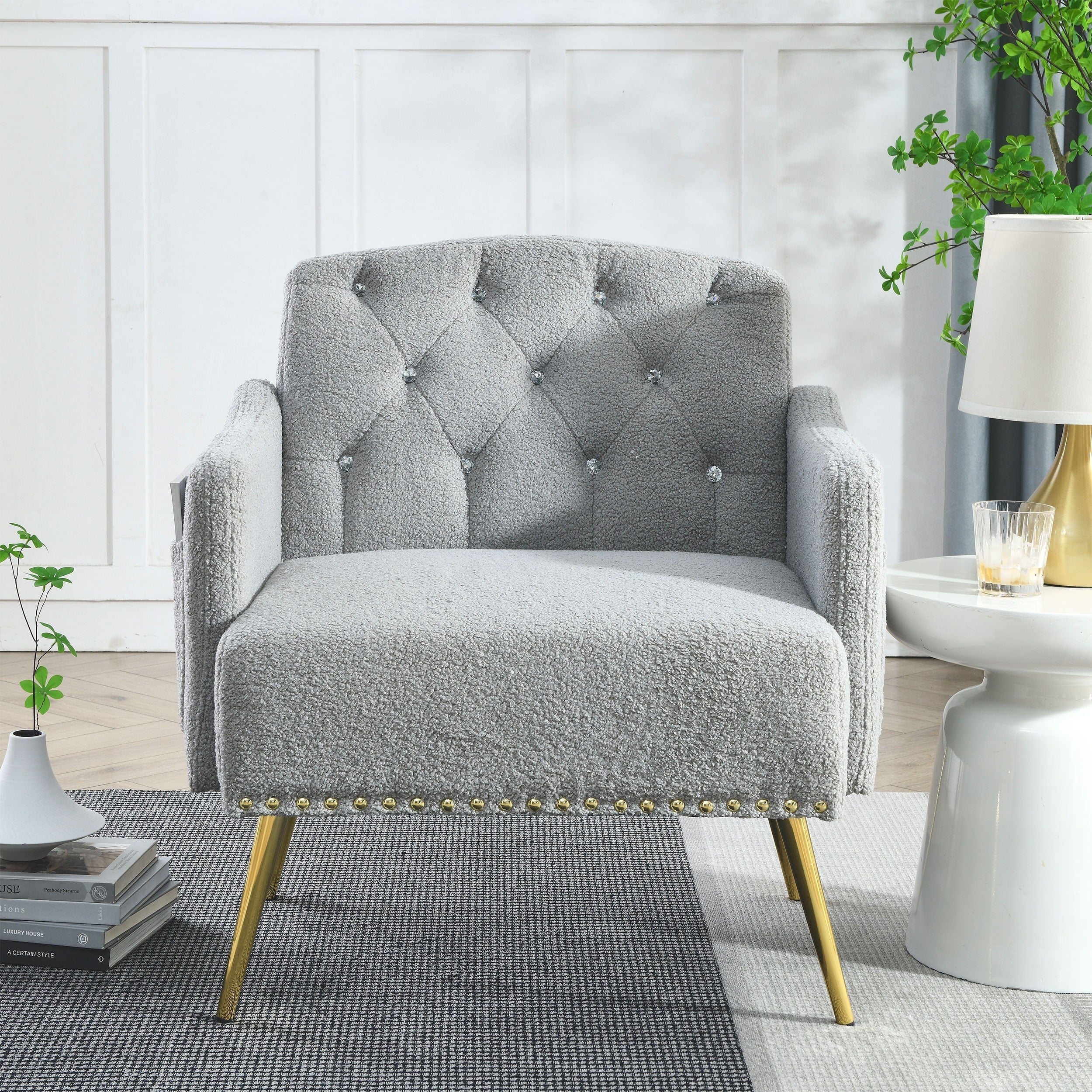 30 "W Modern Chesterfield Tufted Upholstered Chair with Deep Buttons, Living Room Chair, Comfortable Armchair, Gold Hardware Legs, Tufted Chair for Reading or Relaxing, GREY TEDDY