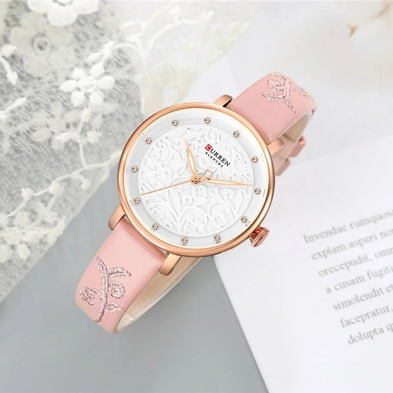 Top Brand Curren Women Watches Pink Leather Wristwatch With Rhinestone Ladies Clock Fashion Luxury Quartz Watch Relogio Feminino - Quartz Wristwatches