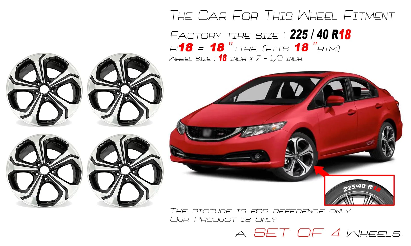 18" SET OF 4 18X7.5 Machined BLACK Wheels For 2014 2015 Honda Civic OEM Caliber Replacement Rim