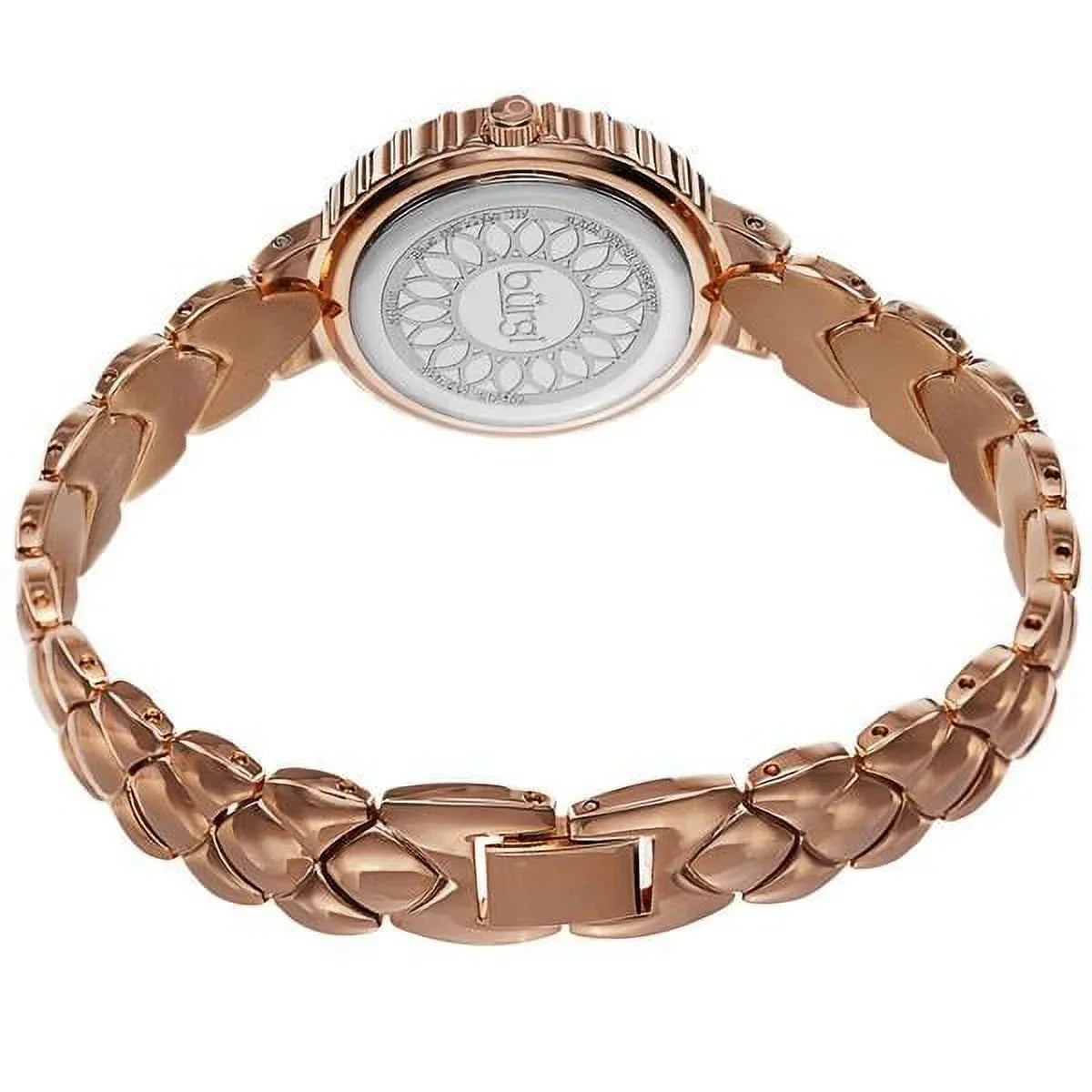 Women's BUR113RG Crystal Accented Rose Gold Swiss Quartz Watch with White Mother of Pearl Dial and Rose Gold Bracelet