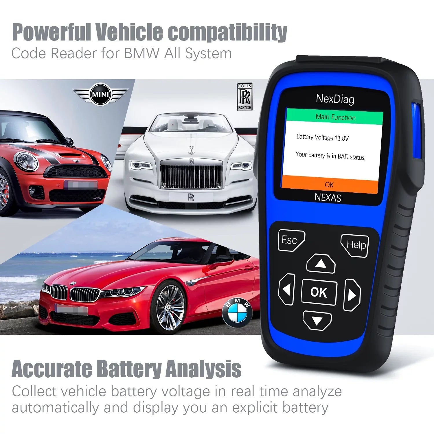 NEXAS ND601 OBD2 Scanner Fits for BMW & MINI Multi-System Diagnostic Scanner Automotive Diagnostic Maintenance Tool DPF Regen BMS Reset Check Engine Code Reader for Vehicles after 1996