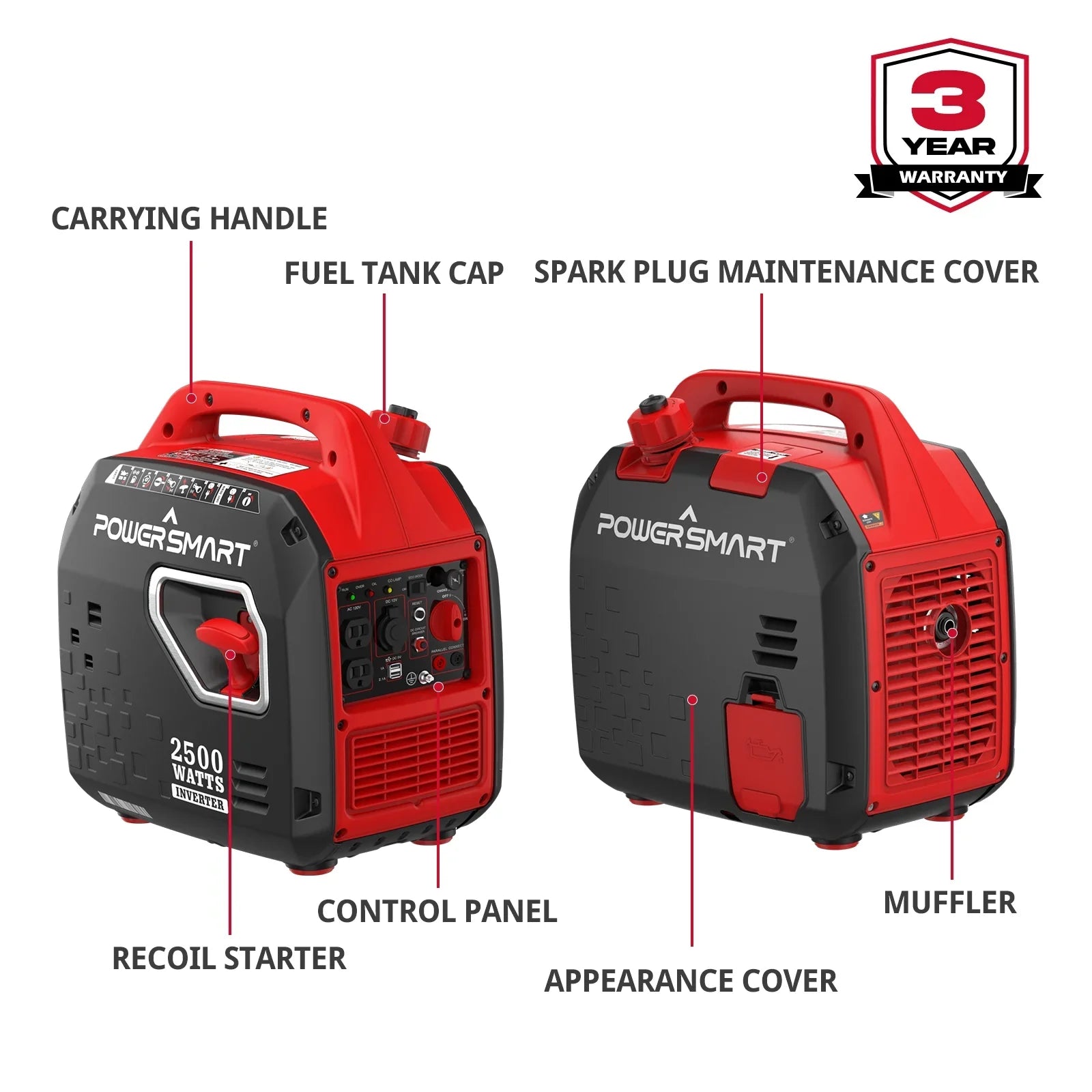 PowerSmart 2500W Portable Inverter Gas Generator，Super Quiet，Low Oil Shutdown, Ultra Lightweight for Camping