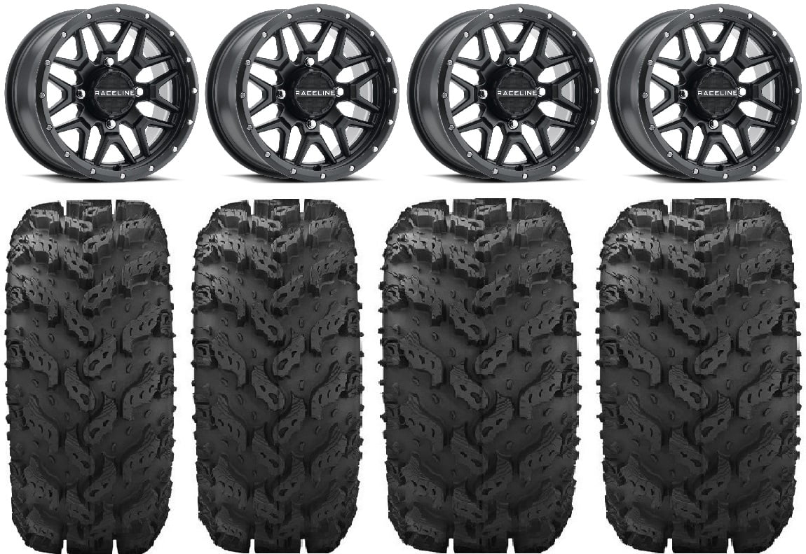 Raceline Krank 14" Black Wheels 27" Reptile Tires Kawasaki Mule Pro FXT