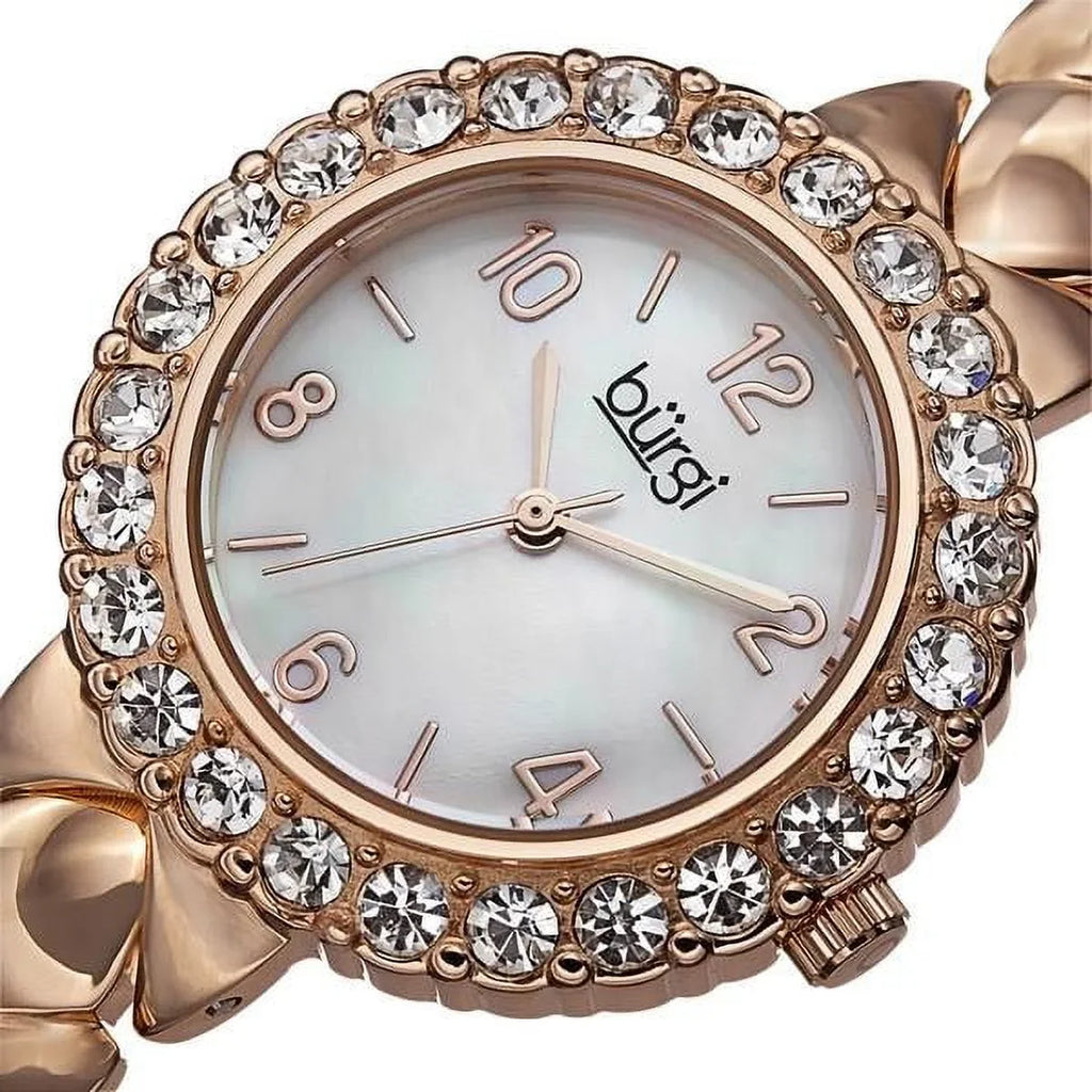 Women's BUR113RG Crystal Accented Rose Gold Swiss Quartz Watch with White Mother of Pearl Dial and Rose Gold Bracelet