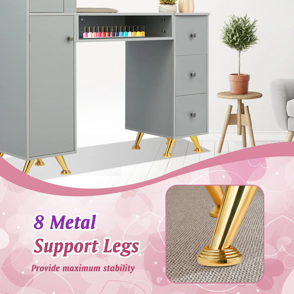 LUXMARS Manicure Table Nail Desk for Technician w/Wrist Rest & Plastic Table Mat, Acetone Strong Nail Table Station w/Large Capacity Storage Space, for Home Spa Beauty Salon - Grey