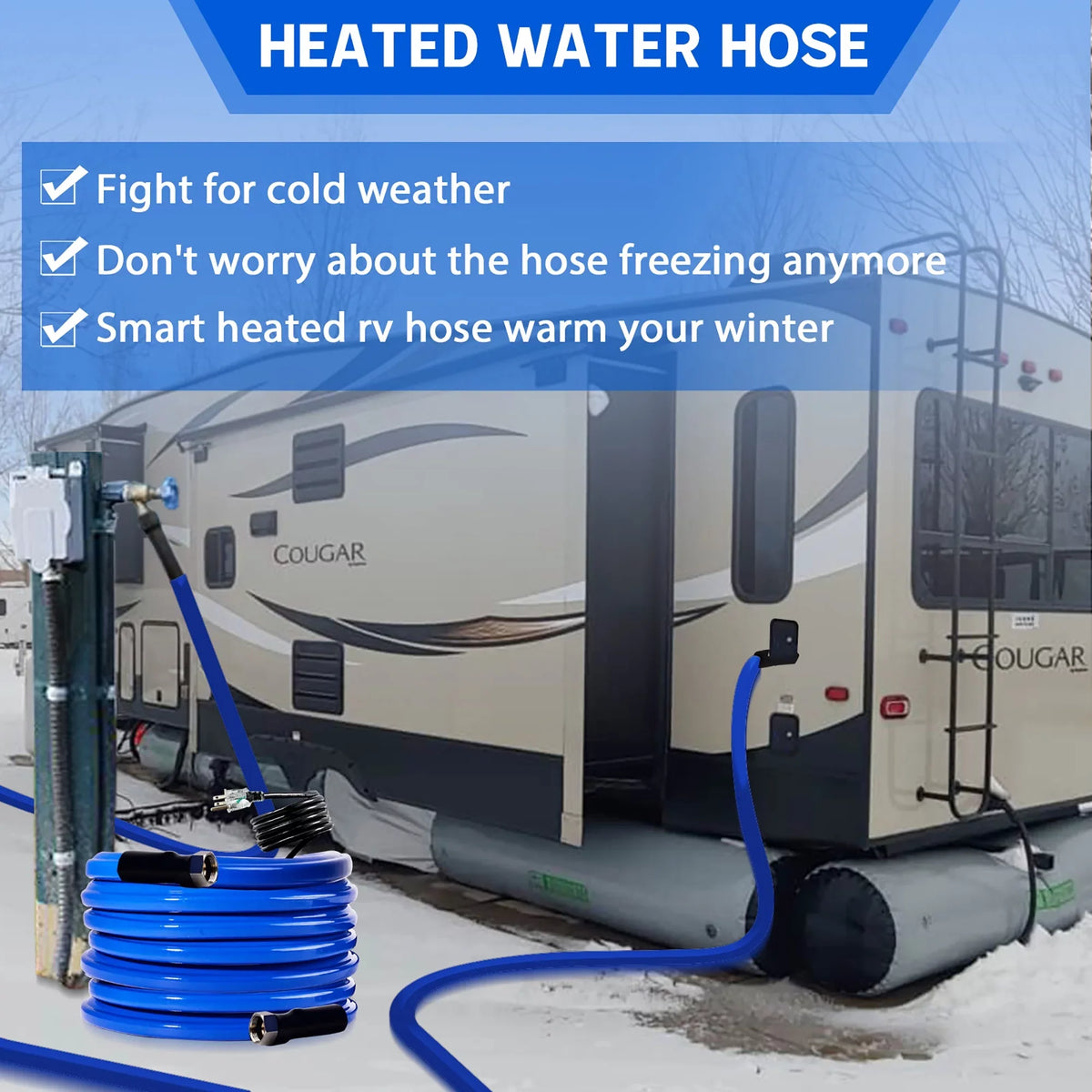 30FT Heated Water Hose for RV Drinking Blue Water Hose Freeze Protectio -45 F for RV, Trailer,Garden,Home