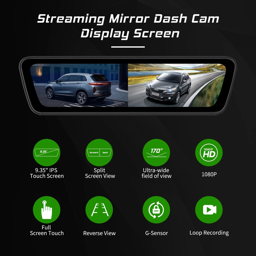 Mirror Dash Car Camera 9.35 inch Touchscreen Rear View Smart Streaming Truck Camera 1080P Full HD Front Rear Back View Dual Cameras