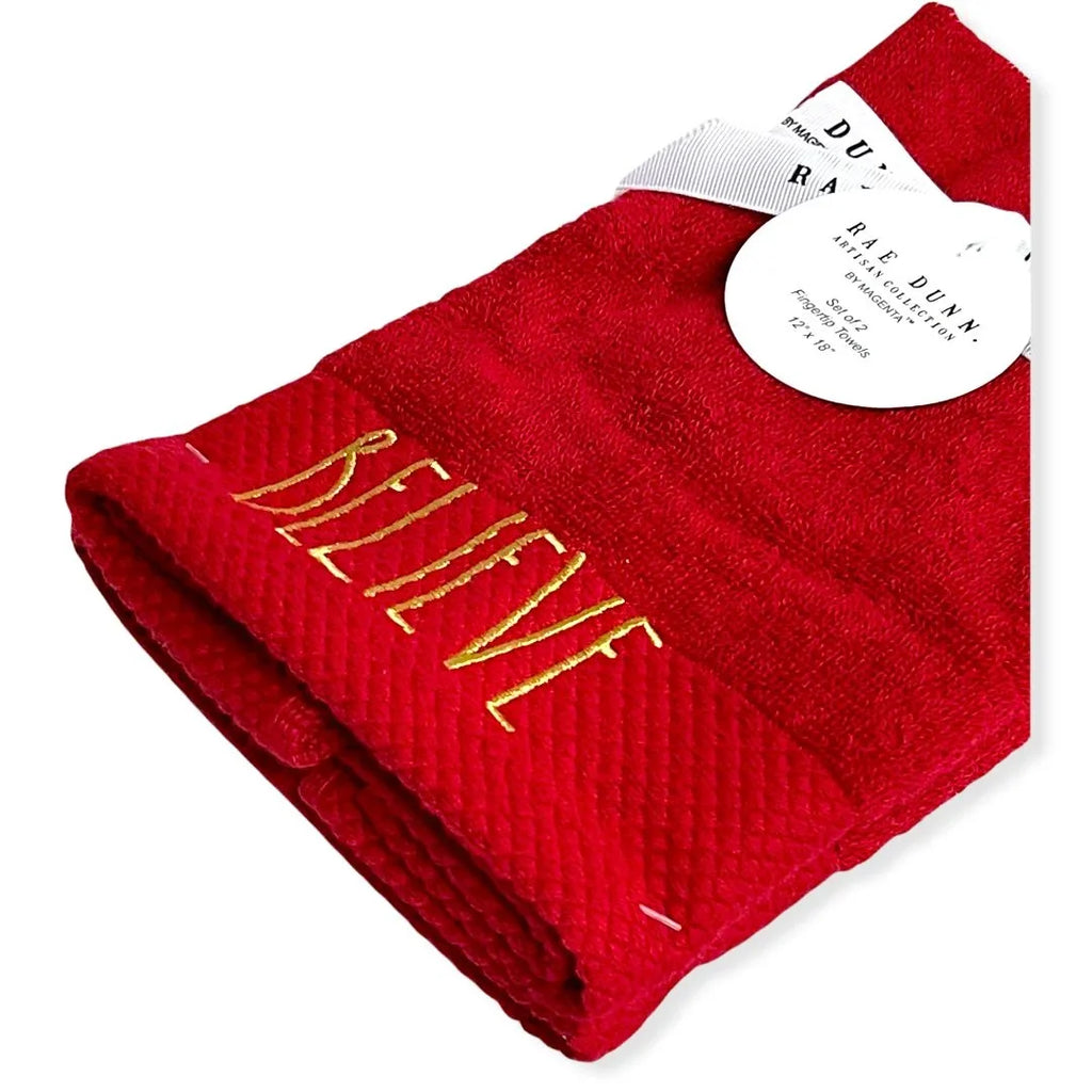 Rae Dunn Fingertip Towels Set of 2 Red - BELIEVE LL Gold 12'x 18' Holiday