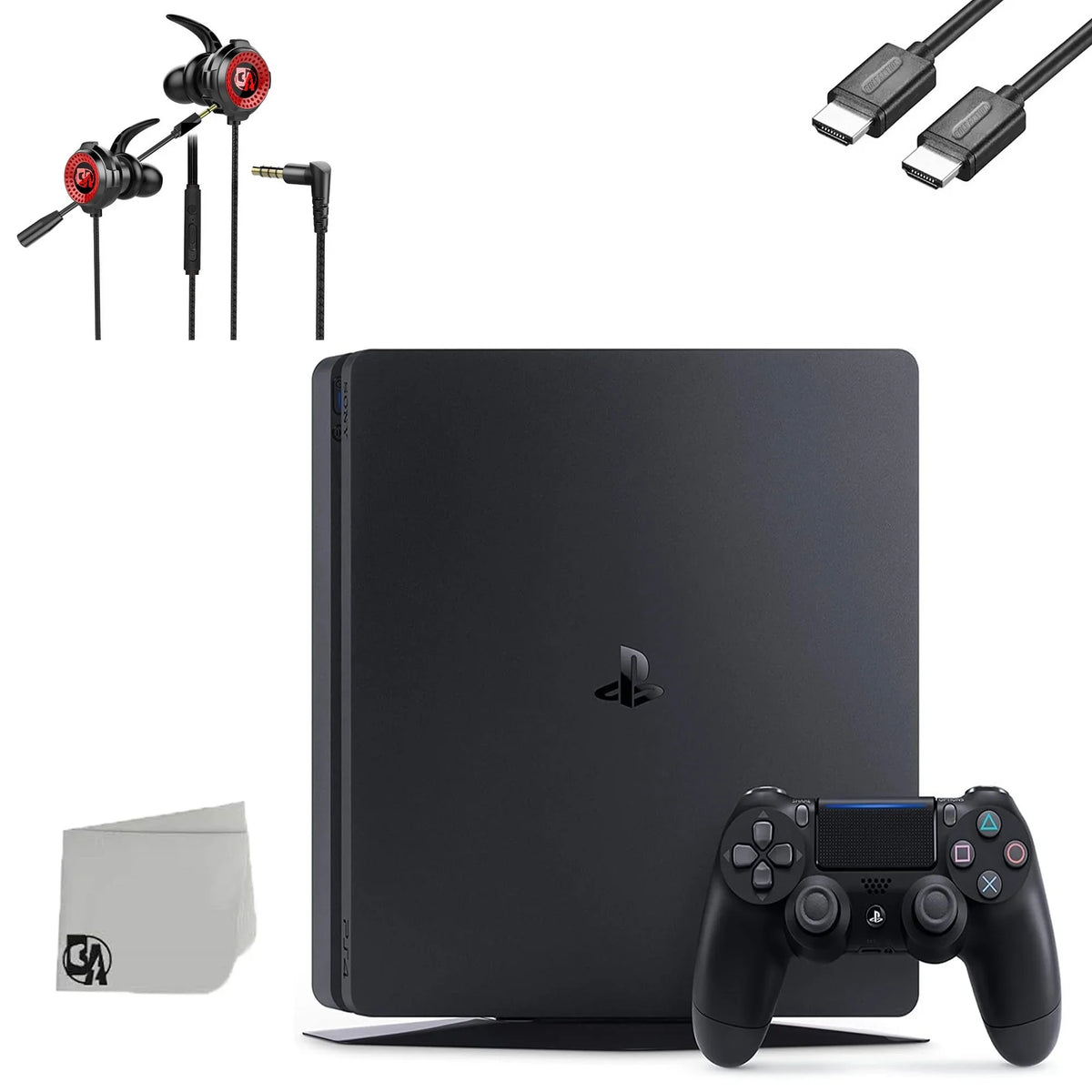Pre-Owned Sony PlayStation 4 Slim 1TB Black Gaming Console + Gaming Earbuds With Microphone BOLT AXTION Bundle (Refurbished: Like New)