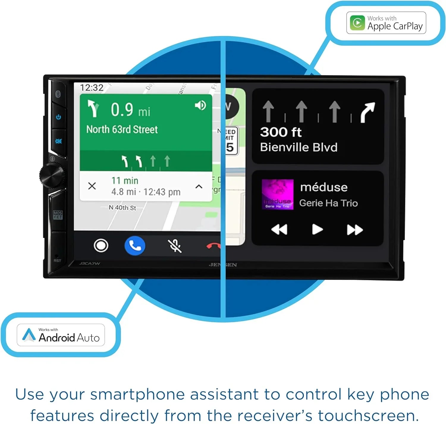Jensen J3CA7W 7-inch Certified Apple CarPlay Android Auto, Wired or Wireless, Double DIN Car Stereo Radio, New
