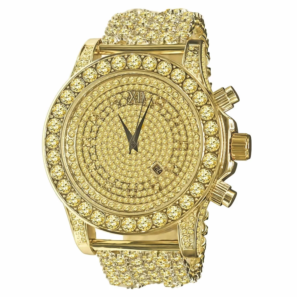 Mens Canary Bling Master Custom Watch Yellow Gold Tone Solitaire Simulated Diamonds Iced Out Band
