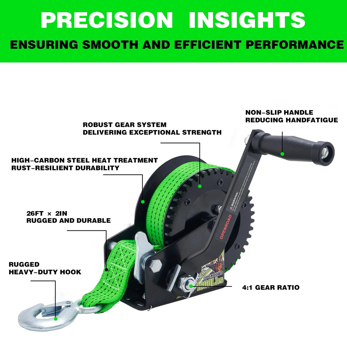 OPENROAD 1600LB Ship Trailer Winch - Heavy Duty Hand Winch with 26FT Green Strap, 2-Way Ratchet & 4:1 Gear - Perfect for Vessel Truck, Trailer, RV, ATV and Jet Ski - Includes Installation Screws