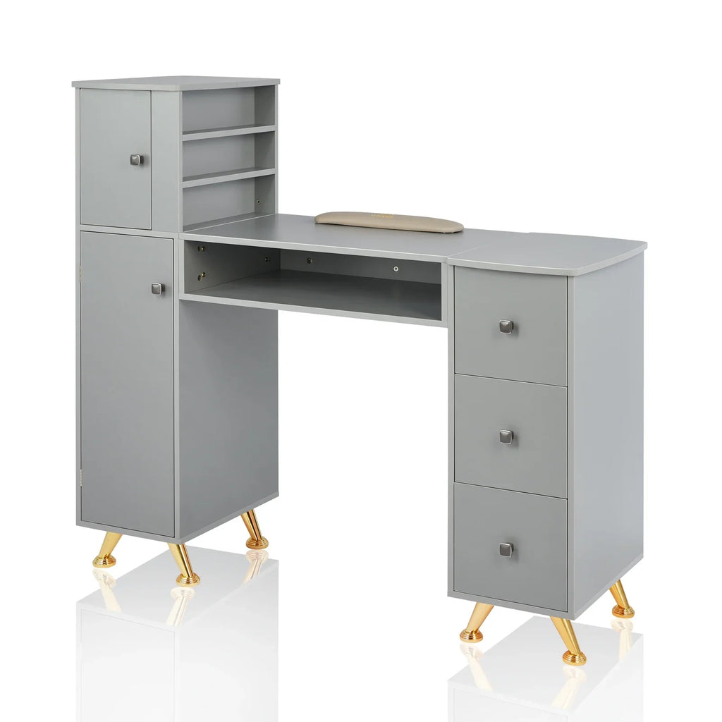 LUXMARS Manicure Table Nail Desk for Technician w/Wrist Rest & Plastic Table Mat, Acetone Strong Nail Table Station w/Large Capacity Storage Space, for Home Spa Beauty Salon - Grey