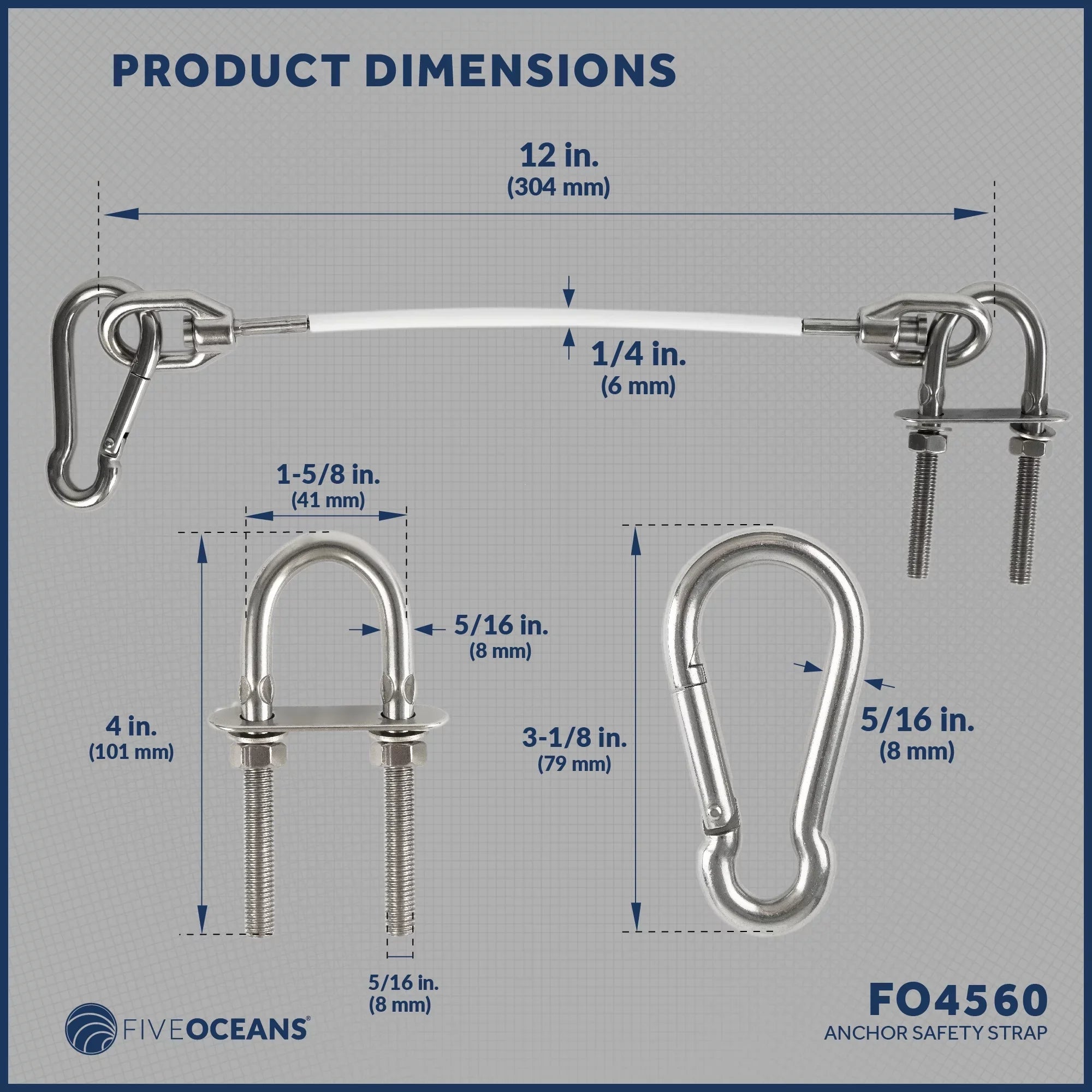 Five Oceans 12-Inch Anchor Safety Straps, Heavy Duty 7x19 PVC Coated Stainless Steel 6mm Wire Rope, Includes 5/16-Inch Carabiner Snap Hook and 5/16-Inch U-Bolt - FO4560