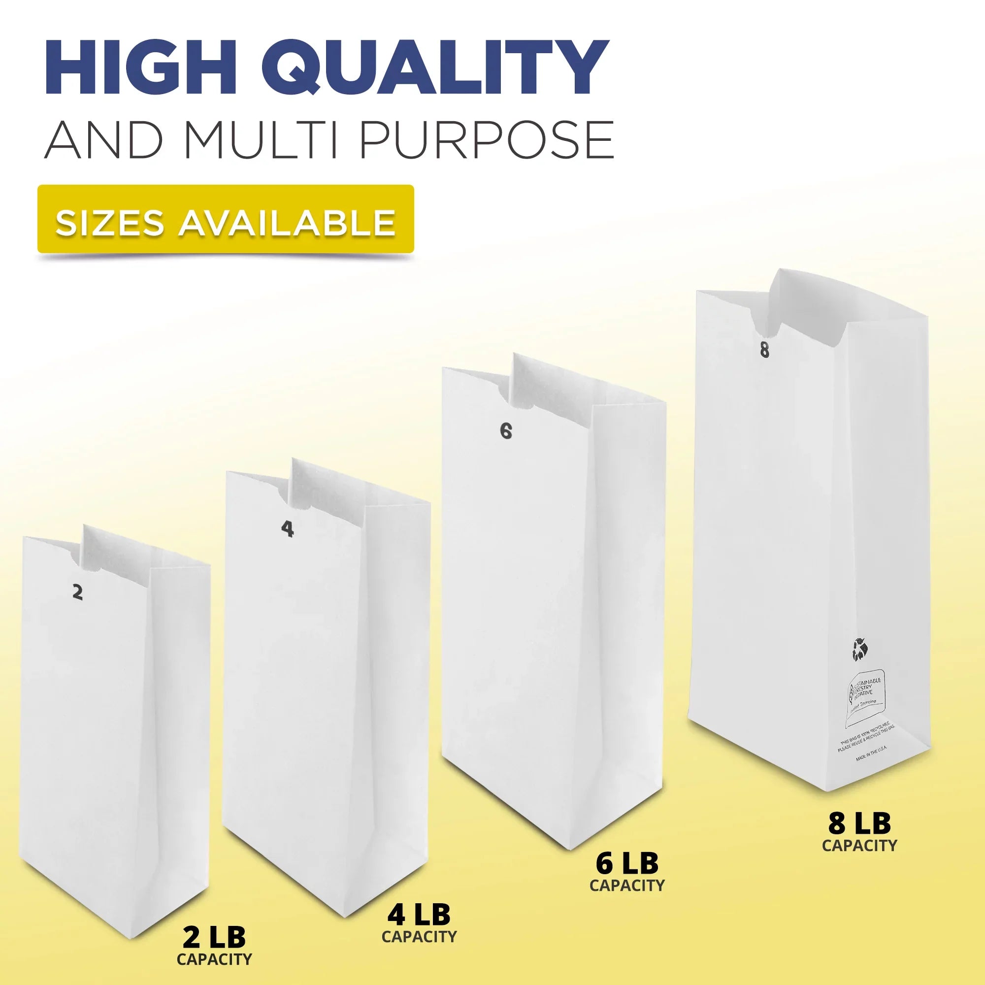 [200 Pack] 8 LB 12.44 x 6.13 x 4.13" White Paper Bags Grocery Lunch Retail Shopping Long-lasting Barrel Sack