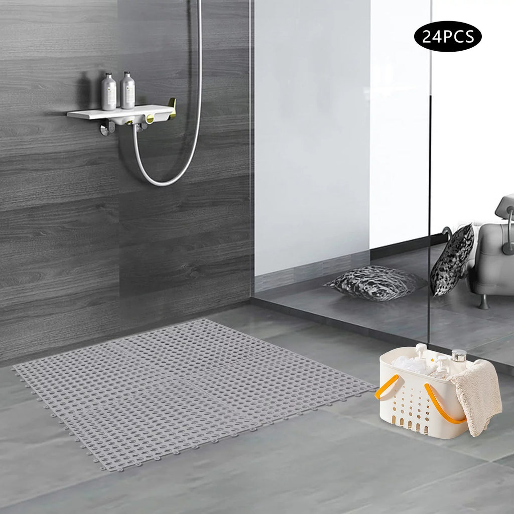 24PCs 11.8*11.8" Interlocking Nonslip Bath Mat,Soft Gray PVC Shower Floor Mat with Drainage Holes for Bathroom, Kitchen, Pool