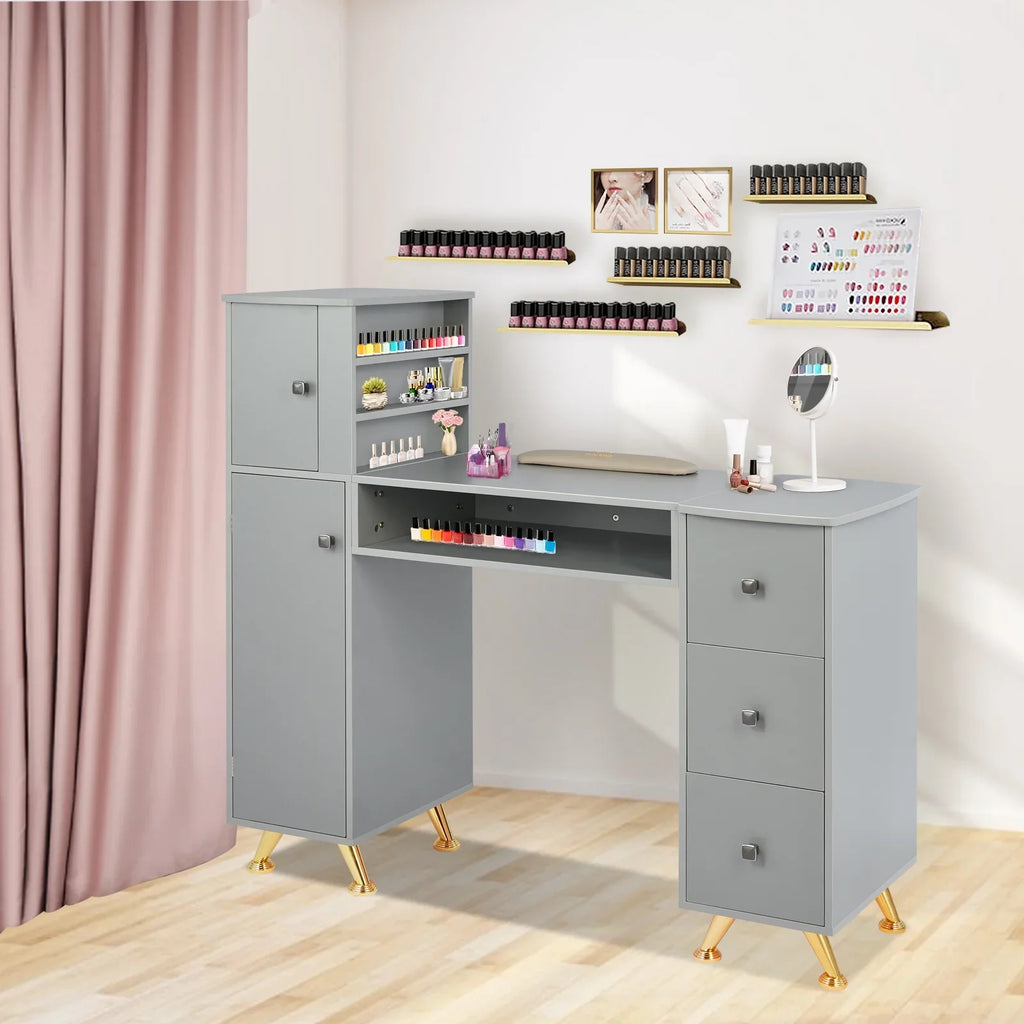 LUXMARS Manicure Table Nail Desk for Technician w/Wrist Rest & Plastic Table Mat, Acetone Strong Nail Table Station w/Large Capacity Storage Space, for Home Spa Beauty Salon - Grey