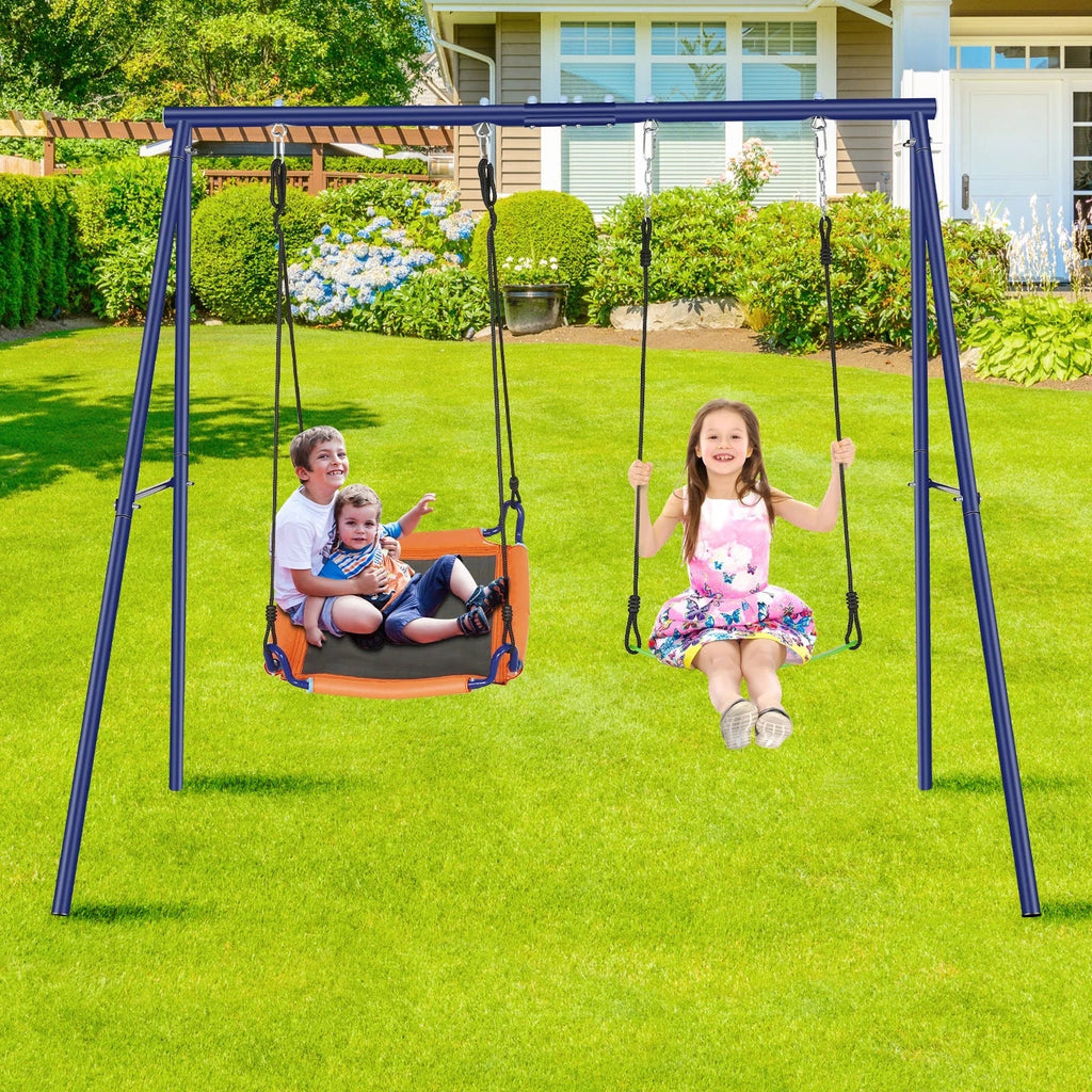 Qhomic Backyard Swing Set for Kids, 440lbs Outdoor Playground Swing Set with Heavy Duty Metal A-frame Swing Stand,2 Adjustable Swing Seats for Backyard, Park and Playground