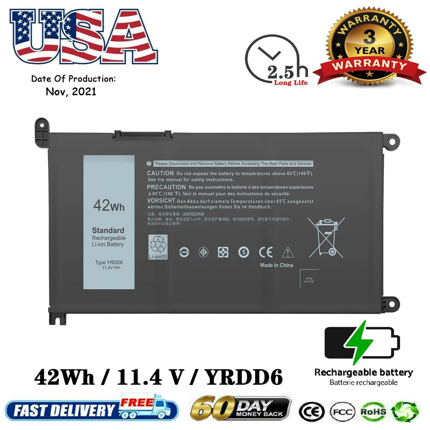 Type YRDD6 Battery For Dell Inspiron 14 5000 2-in-1 5480 5482 series VM732 FAST