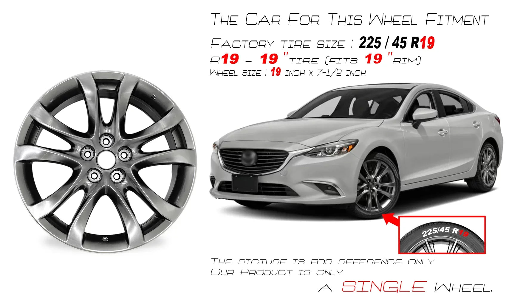 19" 19x7.5" Automotive Rim New Single Wheel for Mazda 6 2014 - 2017 Dark Hyper Silver OEM Grade Replacement