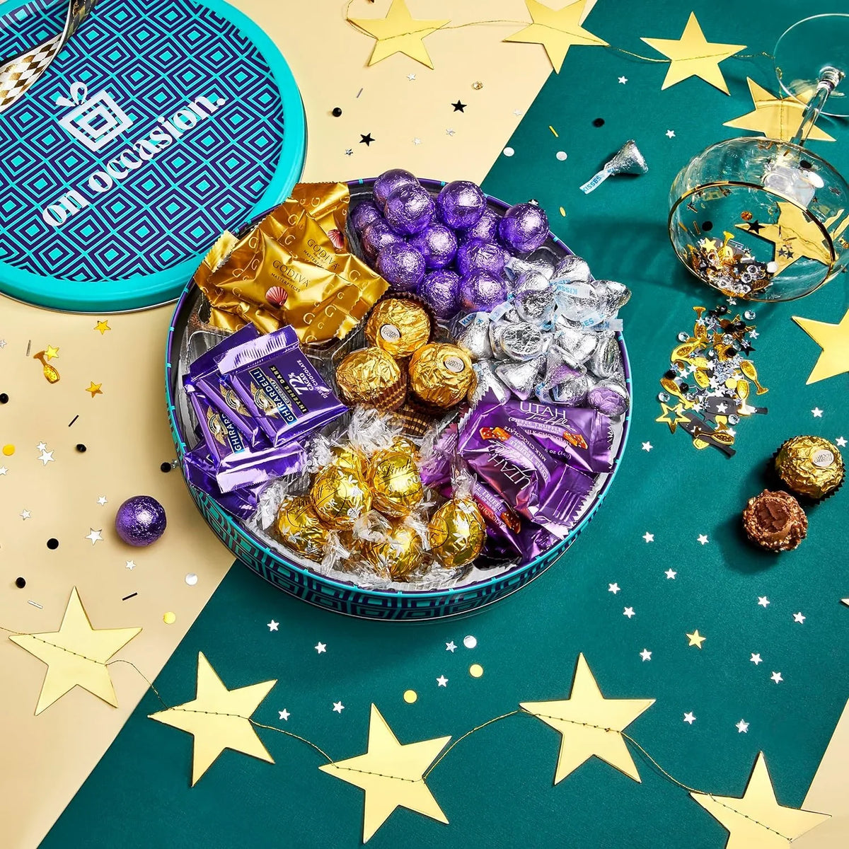 Gourmet Chocolate Gift Box Variety Pack | Assorted Chocolate Gift Basket | Christmas Gifts for Men, Women By On Occasion™️ | Luxury Brand Chocolate Tin- Includes Godiva Chocolate, Hershey Kisses, Ghir