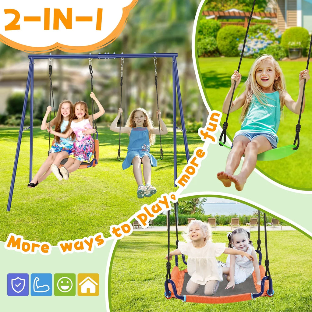 Qhomic Backyard Swing Set for Kids, 440lbs Outdoor Playground Swing Set with Heavy Duty Metal A-frame Swing Stand,2 Adjustable Swing Seats for Backyard, Park and Playground