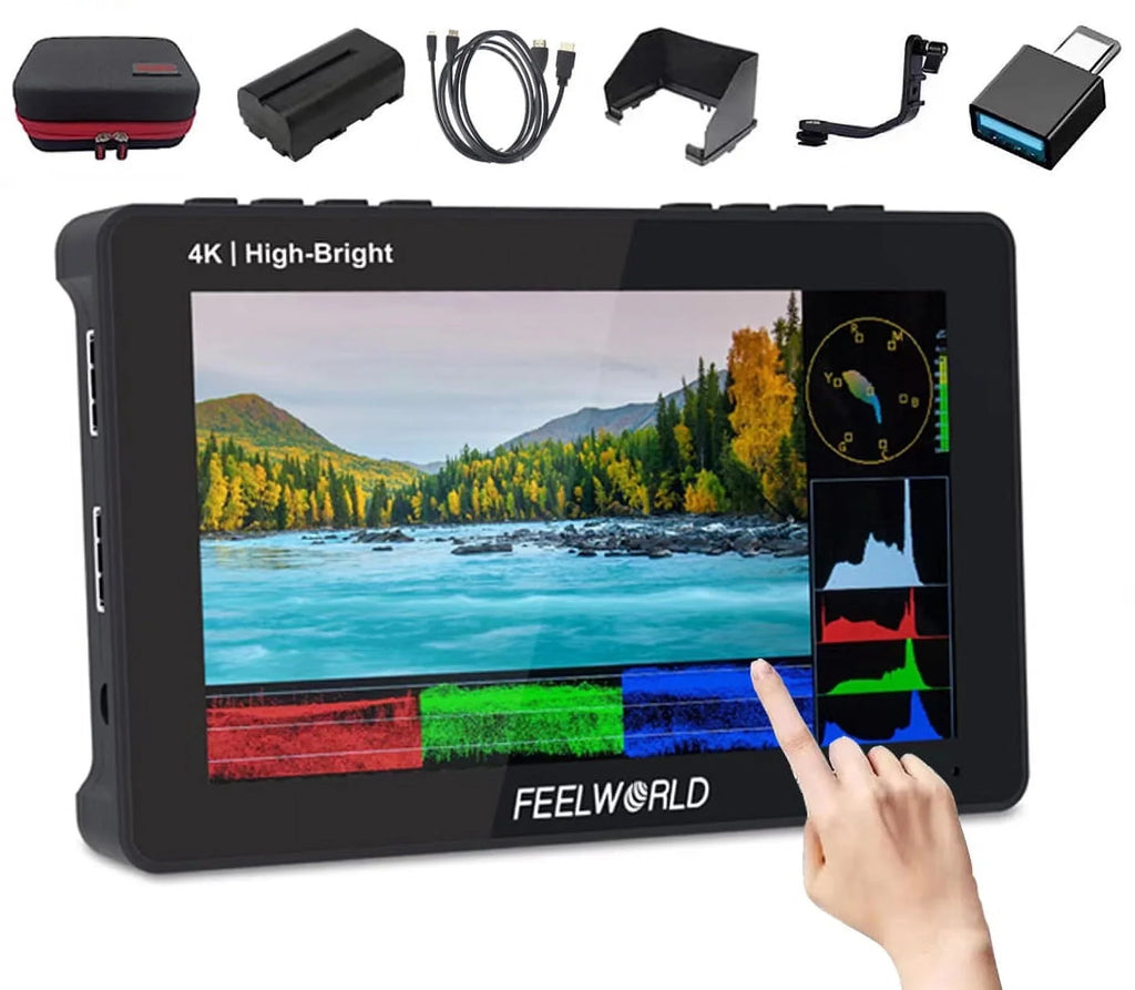 FEELWORLD F6 Pro +Battery +Carry Case 5.5 Inch 1600nits Touchscreen DSLR Camera Field Monitor with 3D LUT F970 External Kit Install for Power Wireless Transmission FHD 1920x1080 4K HDMI