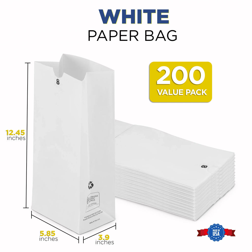 [200 Pack] 8 LB 12.44 x 6.13 x 4.13" White Paper Bags Grocery Lunch Retail Shopping Long-lasting Barrel Sack