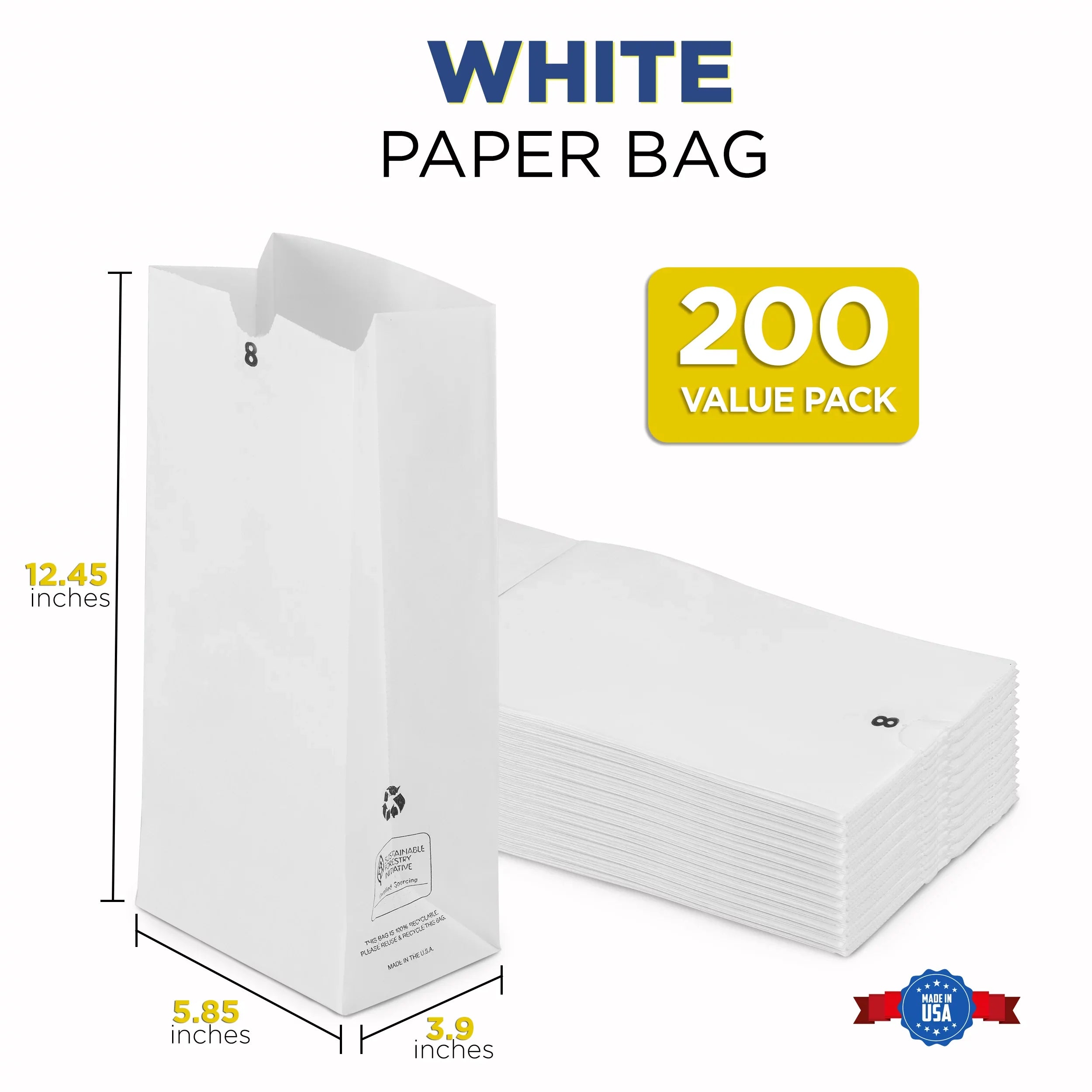 [200 Pack] 8 LB 12.44 x 6.13 x 4.13" White Paper Bags Grocery Lunch Retail Shopping Long-lasting Barrel Sack