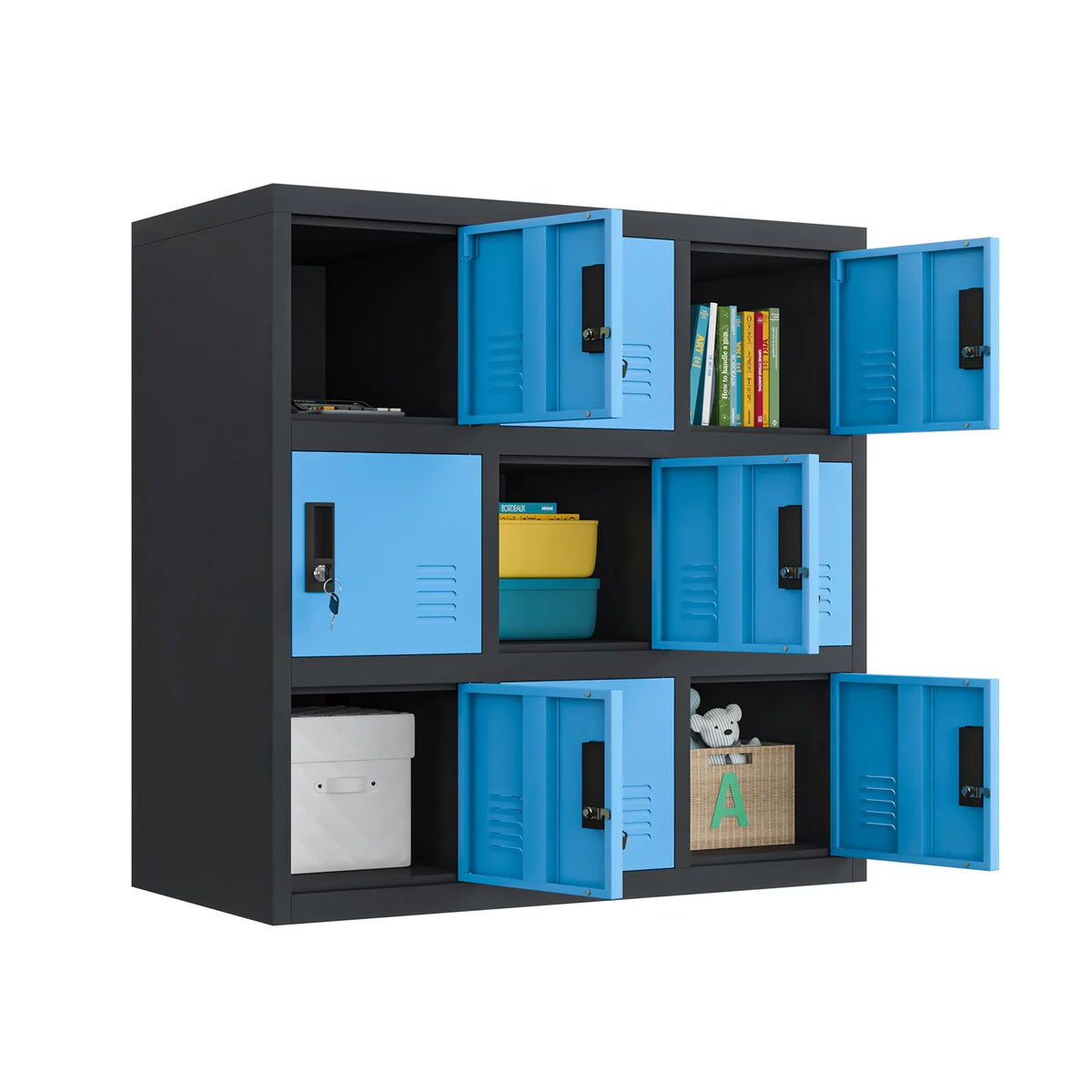 mecolor metal kids locker for girls bedroom and playroom storage for clothes,bags,toys and book (blue, 9d)