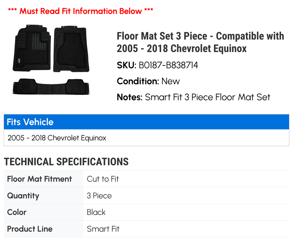 Floor Mat Set 3 Piece - Matching with 2005 - 2018 Chevy Equinox 2006 2007 2008 2009 2010 2011 2012 2013 2014 2015 2016 2017