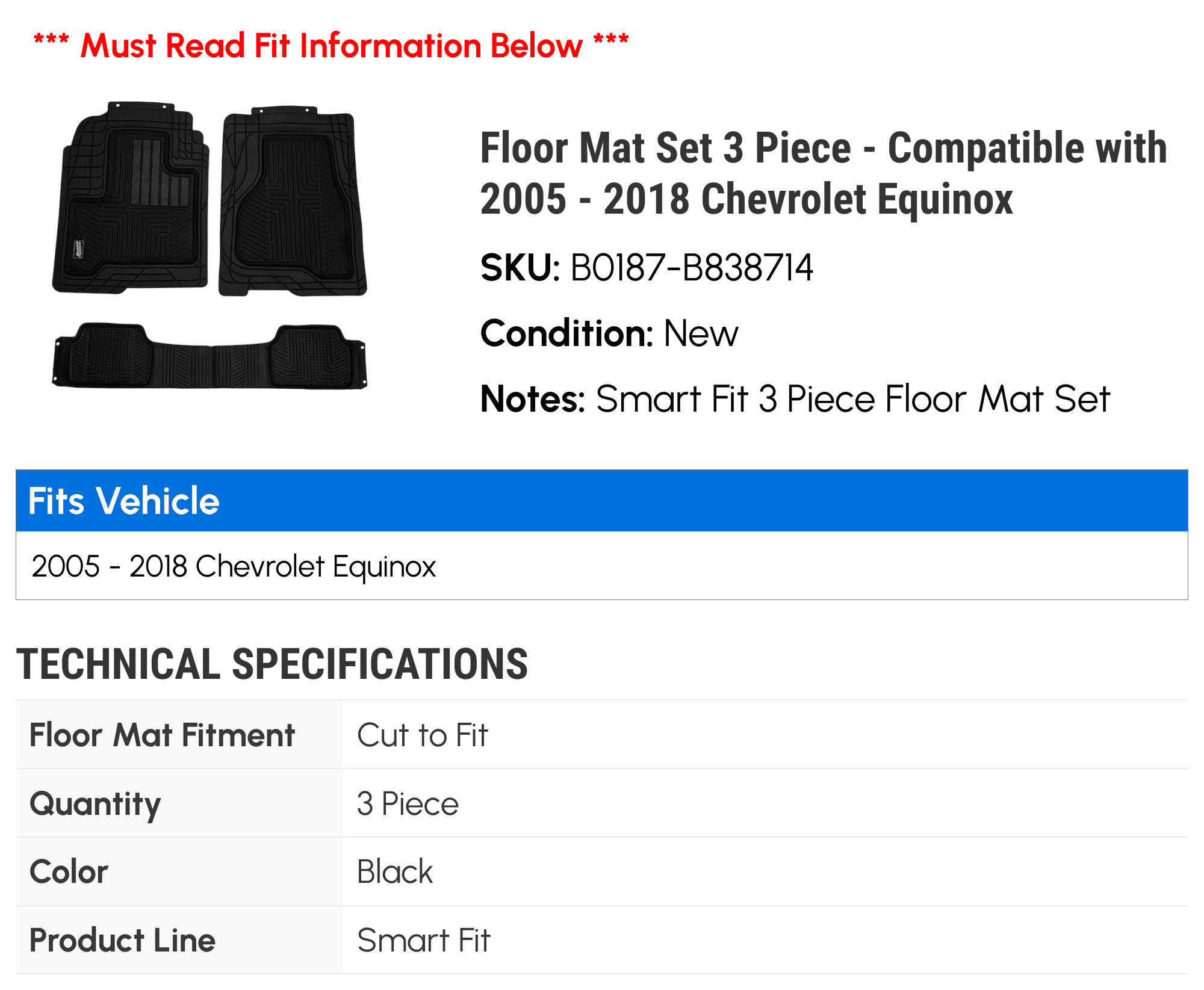 Floor Mat Set 3 Piece - Matching with 2005 - 2018 Chevy Equinox 2006 2007 2008 2009 2010 2011 2012 2013 2014 2015 2016 2017